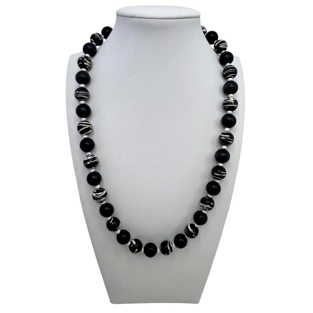 Chunky‎ Black White Swirl Wooden Shell Bead Necklace Hippie Boho Surf Beach
